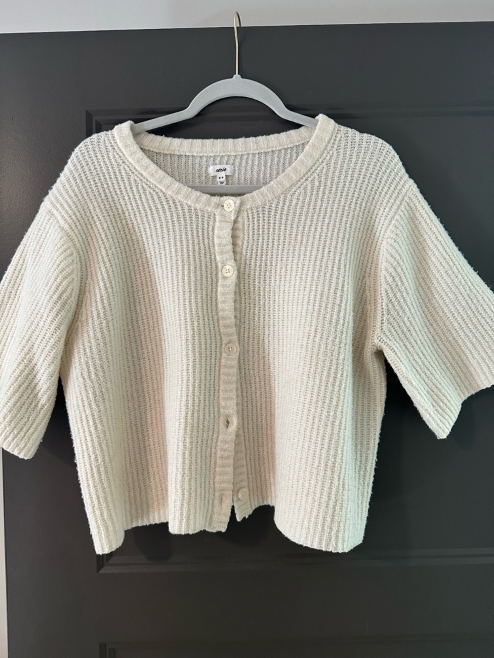 aerie Cream Button-Front Short Sleeve Knit Cardigan